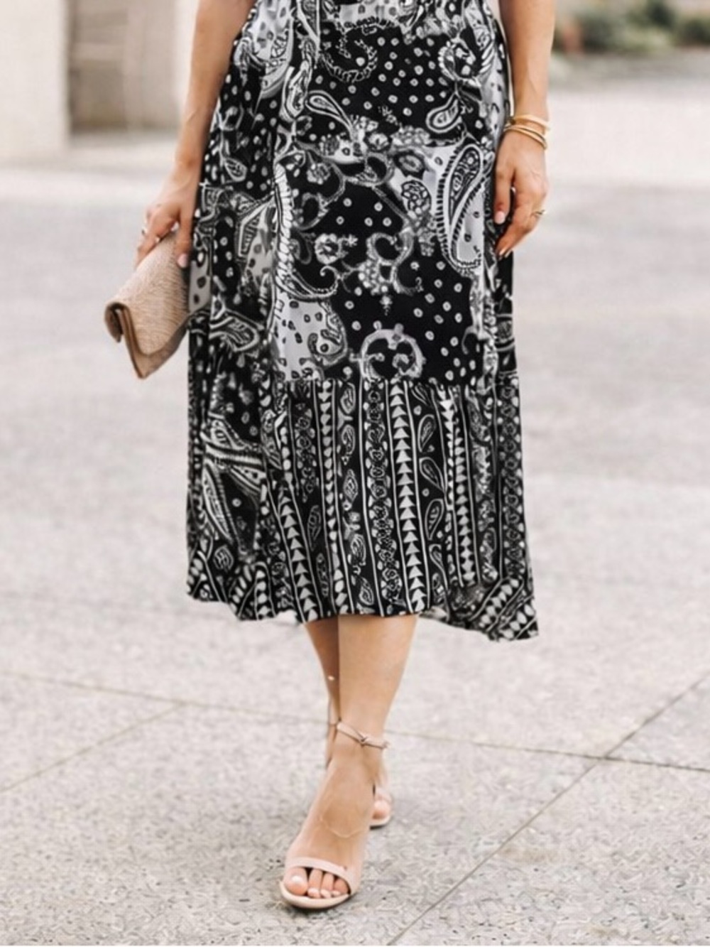 Express Black & White Boho Midi Skirt M | Flowy, Draped, Lightweight